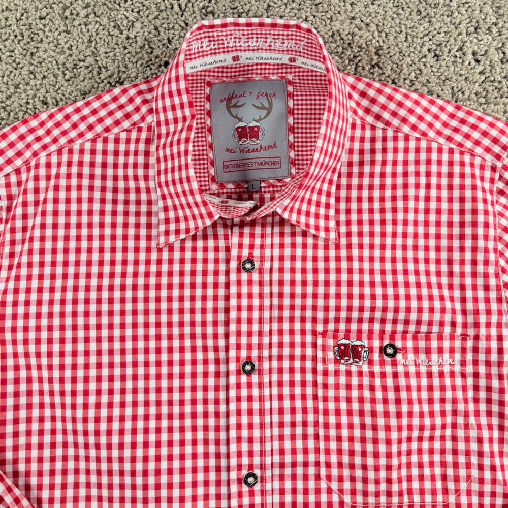 Oktoberfest Mei Wiesnhemd Mens Red Gingham Button Down Shirt Large beer festival